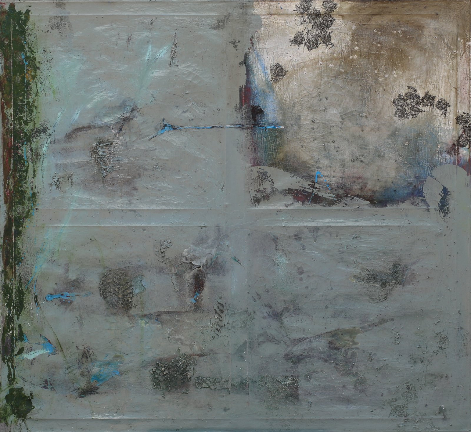 Miniatures of abstraction XII (greenish small), oil on canvas, marker, 110x110cm, 2013 (private collection) Locarno, Switzerland